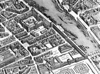 A régi Louvre, a Palais Royal és a Tuileries, részlet a Párizsi Tervből, Turgot-tervként ismert, Claude Lucas metszetében, 1734-39 metszet 233535.